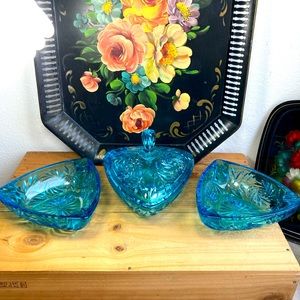 Hazel Atlas Aqua Ashtrays and Candy dish with lid MCM Mid Century Ashtray Atomic